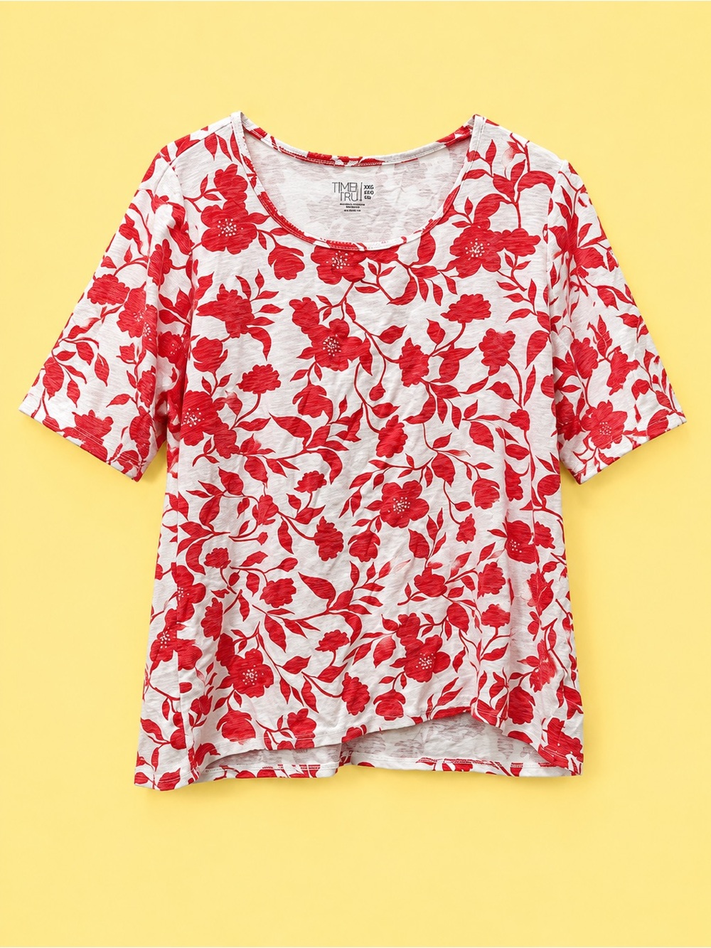 Time and Tru White Scoop Neck Top with Coral Floral Print